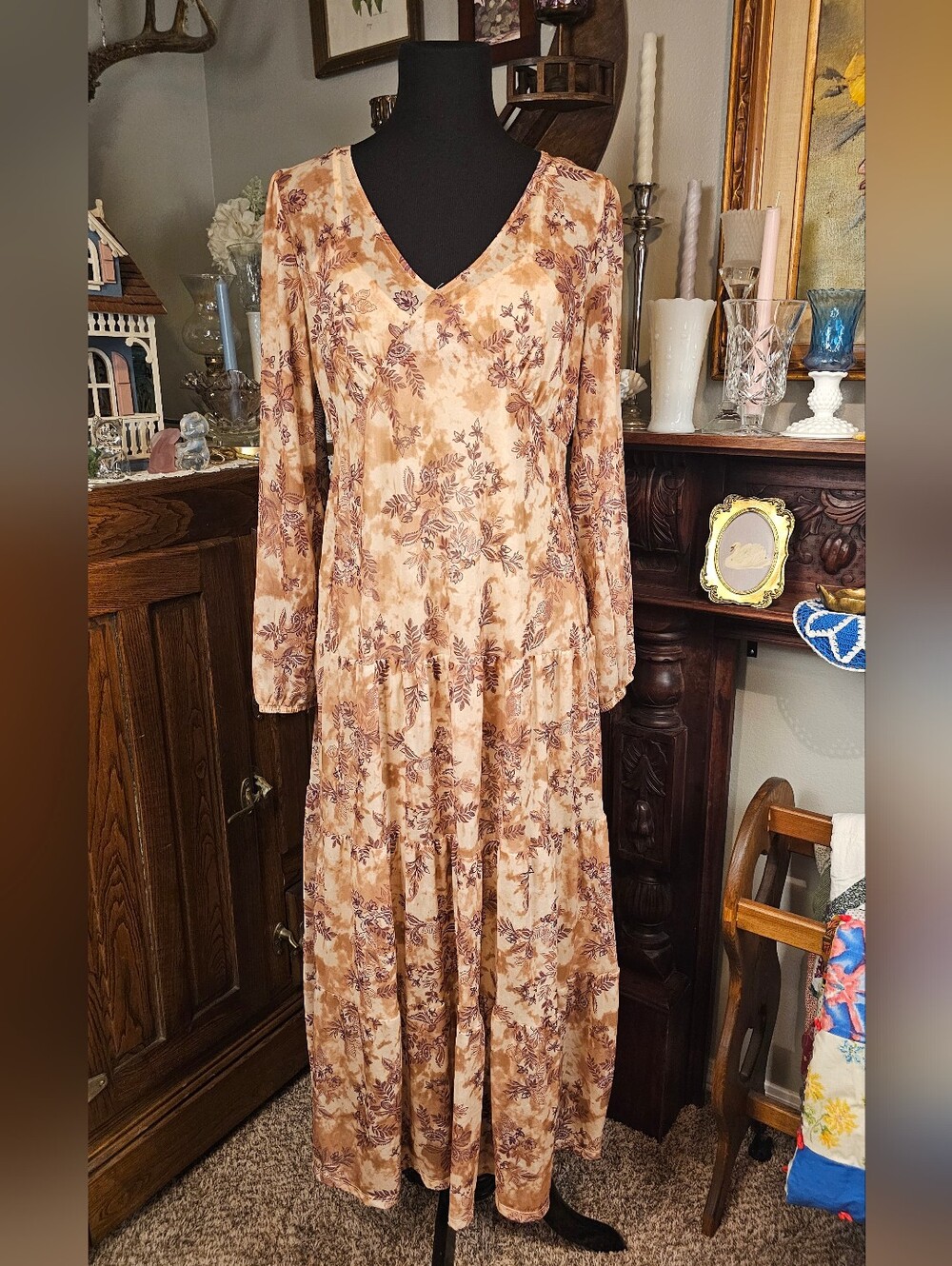Lucky Brand Boho Mesh Floral Tiered Maxi Dress Medium Brown Long Sleeve - Picture 1 of 7